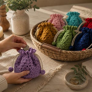 May include: A collection of small, crocheted drawstring pouches in various solid colors including purple, mustard yellow, pink, teal, green, red, and navy blue. Each pouch features a textured, open-stitch pattern and a cream-colored cord closure.