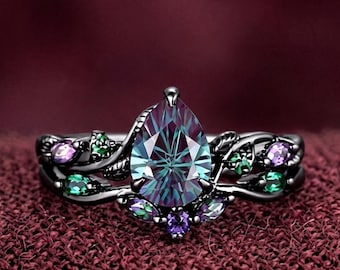 1.25CT Fireworks Cut Color Change Alexandrite Black Gold Wedding Ring Set Pear Cut Engagement Rings Twig Vine Emerald Amethyst Bridal Set