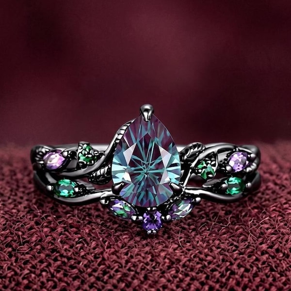 1.25CT Fireworks Cut Color Change Alexandrite Black Gold Wedding Ring Set Pear Cut Engagement Rings Twig Vine Emerald Amethyst Bridal Set