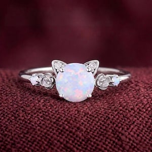 Cat Engagement Ring Vintage Opal Moissanite Promise Ring Animal Cat Shaped Wedding Ring Peekaboo Kitten Unique Gemstone Gifts for Cat Lover