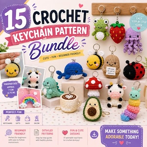 Paquete de patrones de llaveros de ganchillo en PDF, 15 patrones de llaveros amigurumi, tutorial de ganchillo de comida de animales en miniatura, dinosaurio, ballena, vaca, Papá Noel, donut