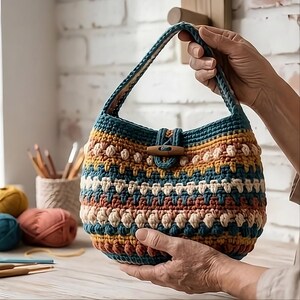May include: A handmade crochet handbag in shades of teal, yellow, orange, and cream. The bag features a unique textured stitch pattern and a wooden toggle closure. The handle is teal and the bag is held by a person.