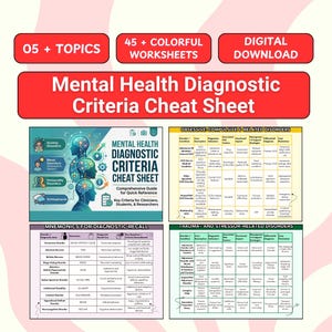 May include: A digital download set featuring 45 colourful mental health diagnostic criteria worksheets and 5 topics. The main title reads Mental Health Diagnostic Criteria Cheat Sheet, with tables detailing obsessive-compulsive, trauma, and stressor-related disorders.