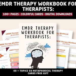 May include: A collection of EMDR Therapy workbooks for therapists. The main workbook cover features a silhouette of a head with a brain, clouds, and rain. The text includes "100+ PAGES - COLORFUL CARDS - DIGITAL DOWNLOADS". Additional workbooks are visible.