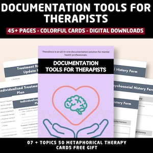 Può includere: Immagine promozionale per "Strumenti di documentazione per terapisti". L'immagine presenta un documento centrale con un cervello all'interno di un cuore, circondato da altri moduli. Il testo include "45+ pagine", "Carte colorate" e "Download digitali".