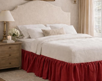 Red Wood Ruffled Linen Bed Skirt, Rustic Elegant Bedding, Vintage Style Bed Cover, Soft Linen Dust Ruffle, Farmhouse Bedroom Decor
