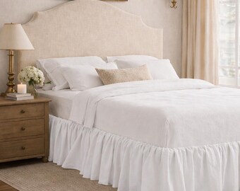 White Ruffled Linen Bed Skirt, Handmade Neutral Bedding, Farmhouse Bed Valance, King Queen Twin Bed Skirt, Minimal Bedroom Decor.