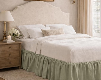 Gonna da letto verde salvia, gonna da letto in lino con volant, volant per letto matrimoniale/king size, biancheria da letto in stile rustico, gonna da letto in lino lavato morbido, arredamento minimalista per la camera da letto.