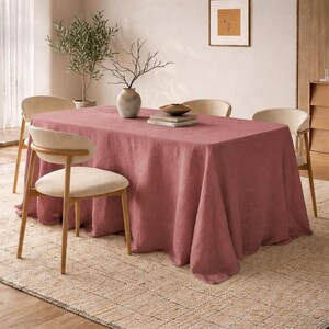 Dusty Rose Linen Tablecloth, Minimalist Dining Table Decor, Rustic Elegant Home Dining Styling, Washed Linen Rectangular Tablecloth |