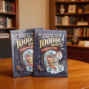 Op de afbeelding: Twee exemplaren van het boek "Building the Ultimate Brain for Kids: 100000 Whys! Fun and Joyful Science". De donkerblauwe kaft toont cartoon illustraties. De boeken liggen op een houten tafel.