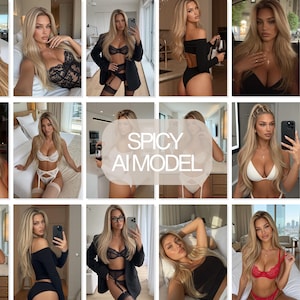 Op de afbeelding: Een collage van afbeeldingen met een blond persoon in diverse outfits, waaronder zwarte kanten lingerie, een witte bikini, een zwarte blazer en een rode bh-set. De centrale tekst op de afbeelding luidt SPICY AI MODEL.