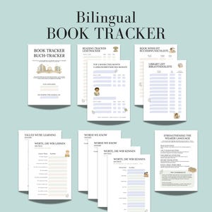 Puede incluir: Una colección de páginas imprimibles para un rastreador de libros bilingüe, con encabezados como BOOK TRACKER, READING TRACKER, BOOK WISHLIST, LIBRARY LIST, VALUES WE'RE LEARNING, WORDS WE KNOW y STRENGTHENING THE WEAKER LANGUAGE en texto negro.