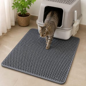 May include: A rectangular dark gray cat litter mat with a raised honeycomb texture surface. The mat is positioned on the floor in front of a light gray and white enclosed cat litter box with a matching scoop attached to the side of the unit.