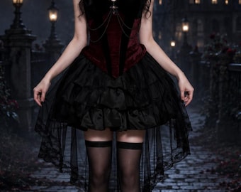 May include: A dark red velvet corset top with a sweetheart neckline and thin silver chains, paired with a black high-low skirt featuring layered ruffles and lace trim. The outfit includes a black choker with a rose detail and sheer black stockings.