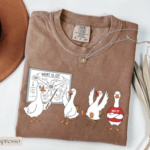 May include: Espresso-coloured t-shirt with a cartoon of geese in a classroom. One goose points to a diagram labelled "WHAT IS OT." Other geese sit in chairs, and one wears a "NOT PT" shirt. A silver necklace with a pendant is also visible.
