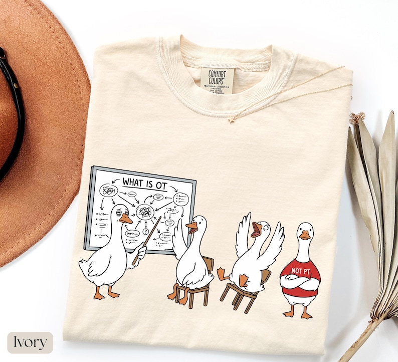 May include: Ivory-coloured t-shirt with a cartoon of geese in a classroom. One goose points to a whiteboard that says "WHAT IS OT". Other geese sit in chairs, and one wears a red shirt that says "NOT PT".