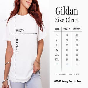 May include: White G5000 Heavy Cotton Tee with a size chart. The chart shows measurements in inches for sizes S to 3XL. The width ranges from 45.7 cm to 71.1 cm, and the length ranges from 71.1 cm to 83.8 cm.