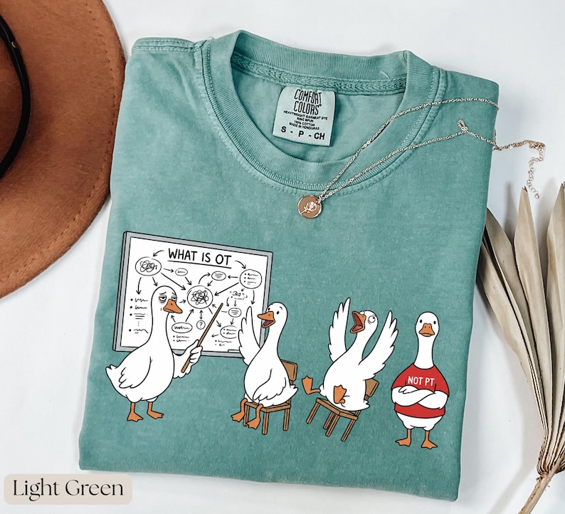 May include: Light green t-shirt featuring a cartoon goose design. One goose points to a diagram labelled "WHAT IS OT." Other geese are seated or wear a "NOT PT" shirt. A silver necklace with a pendant is also visible.