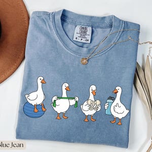 May include: A blue jean colored t-shirt featuring a graphic of four white geese engaged in various activities: one sits on a blue exercise ball, one holds a green resistance band, one holds a human pelvis model, and one holds a blue water bottle.