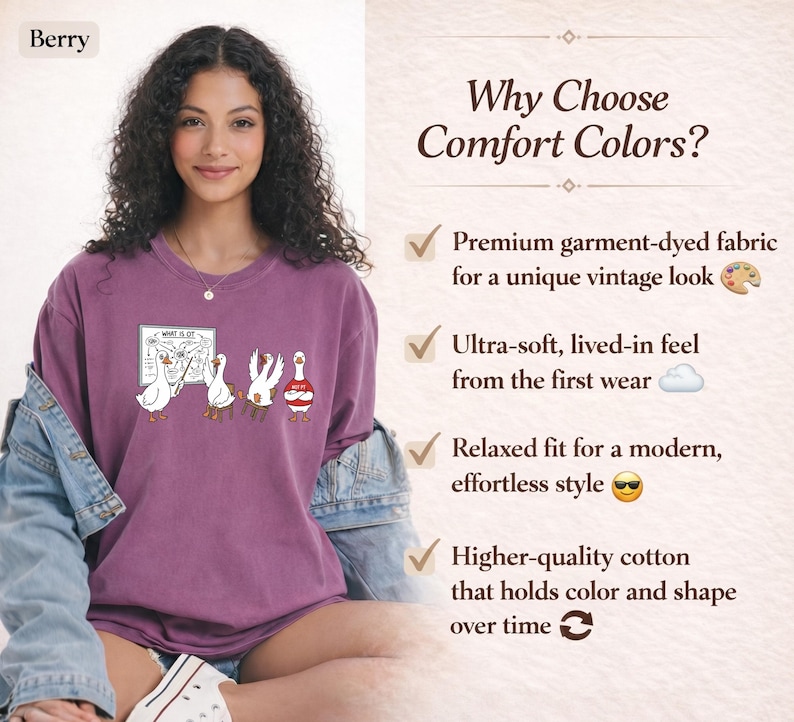 May include: Berry-coloured long-sleeve shirt with a cartoon goose design. The shirt features a graphic of geese with a whiteboard that says "WHAT IS LOT". The shirt is part of the Comfort Colors collection.