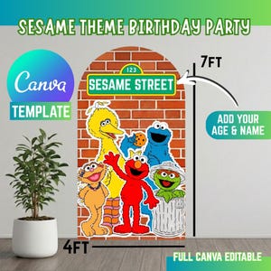 Op de afbeelding: Een boogvormige achtergrondsjabloon met een bakstenen muurontwerp, een Sesame Street-bord en personages zoals Big Bird, Elmo, Cookie Monster, Zoe en Oscar. De afbeelding bevat tekst die wijst op een formaat van 7ft bij 4ft en Canva-bewerkbaarheid.
