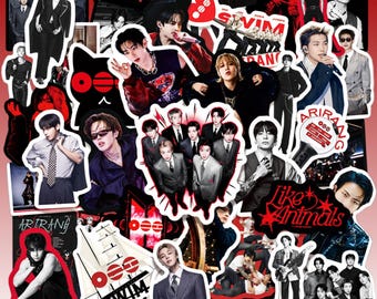 50 Arirang Schwarz und Rot Boy Band Album gemischte Aufkleber, K-Pop Themed Journal, wasserdichtes DIY Journal, ARMY Fan Geschenk, K-Pop Merch