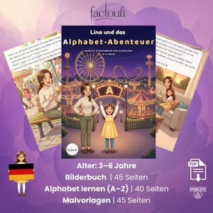 May include: A children's book cover titled "Lina and the Alphabet Adventure" with illustrations of a girl and her mother at an amusement park. The book is for ages 3-6 and includes a picture book, alphabet learning, and coloring pages.
