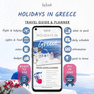 Könnte beinhalten: Ein digitaler Reiseführer und Planer für Griechenland, der auf einem Smartphone angezeigt wird. Der Bildschirm zeigt eine malerische Aussicht auf Griechenland mit blau gekuppelten Gebäuden. Der Reiseführer enthält Abschnitte für Flüge und Unterkünfte, Sehenswürdigkeiten und Essen sowie einen Tagesplan.