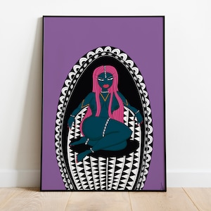 May include: A digital illustration of a woman with pink hair sitting on a throne. The throne is decorated with black and white geometric patterns. The background is purple.