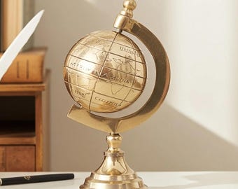 Handmade Brass Decorative Globe Showpiece, Gold Finish, Vintage Style