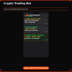 May include: A smartphone screen displays a crypto trading bot interface. The screen shows real-time notifications, including buy signals, position details, and profit information. The bot's name is CryptoTraderBot.