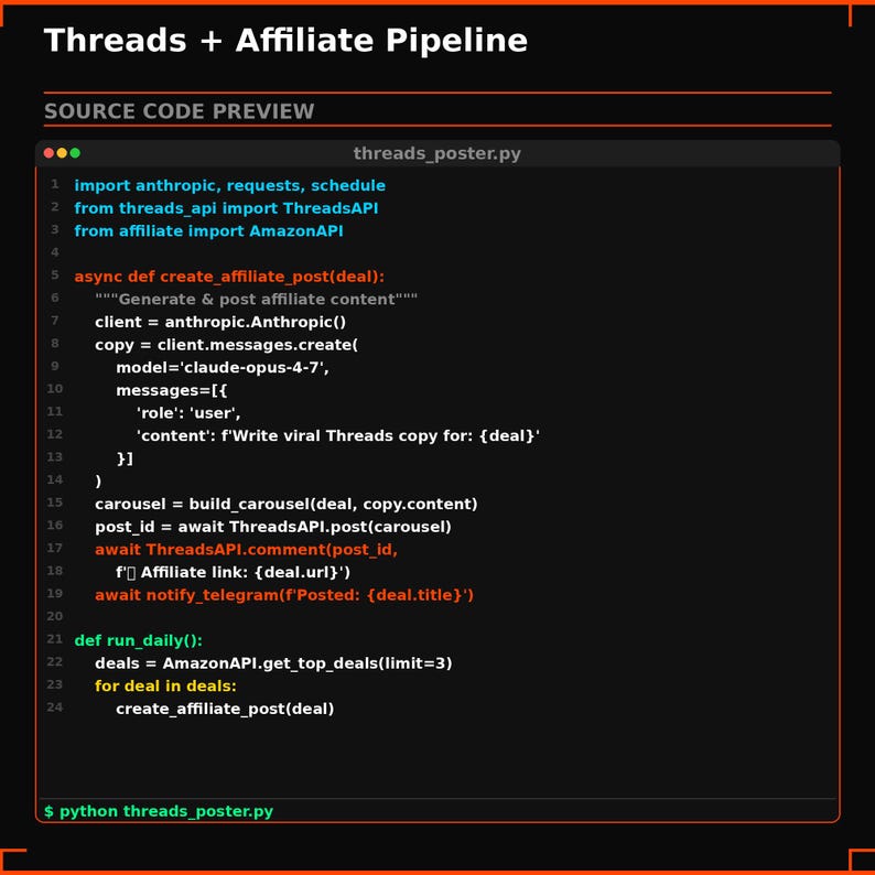 Puede incluir: Un fondo oscuro muestra el texto "Threads + Affiliate Pipeline" y "SOURCE CODE PREVIEW". La imagen muestra c&oacute;digo Python, incluyendo declaraciones de importaci&oacute;n, definiciones de funciones y llamadas a la API. El nombre del archivo "threads_poster.py" es visible.