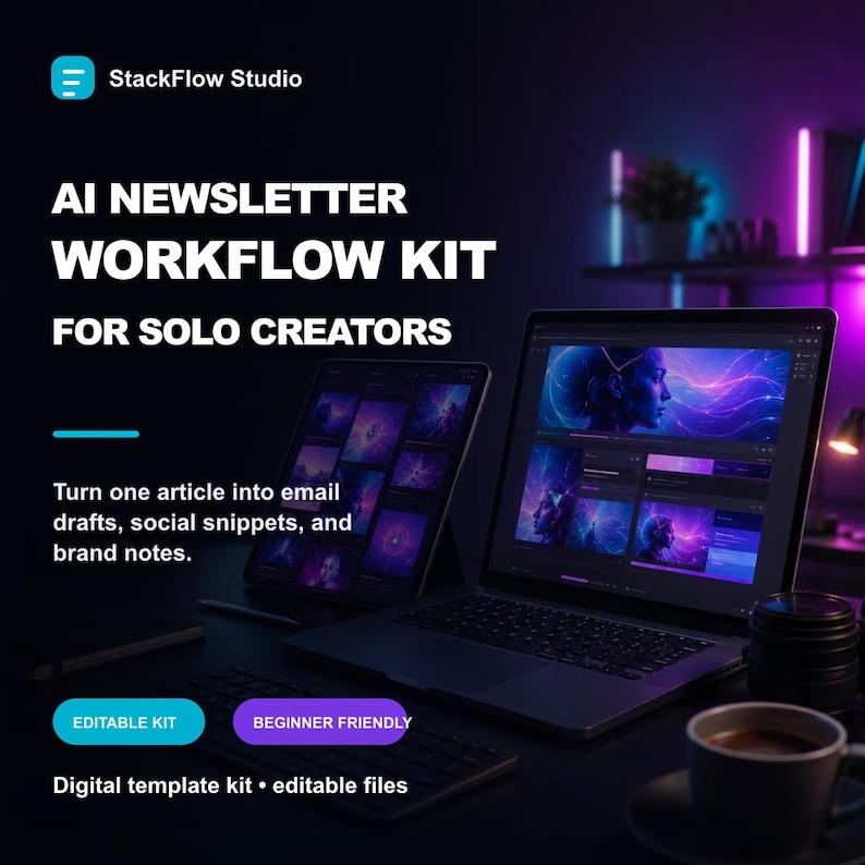 Op de afbeelding: Een digitale sjabloonkit getiteld StackFlow Studio AI Newsletter Workflow Kit for Solo Creators. Het scherm toont een laptop en tablet met paarse en blauwe neongraphics, inclusief knoppen met de tekst Editable Kit en Beginner Friendly.