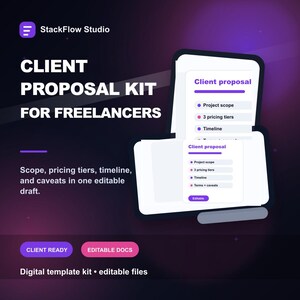 May include: A digital client proposal kit for freelancers by StackFlow Studio. The graphic features white text on a dark purple gradient background, displaying document templates with sections for project scope, pricing tiers, and timelines.