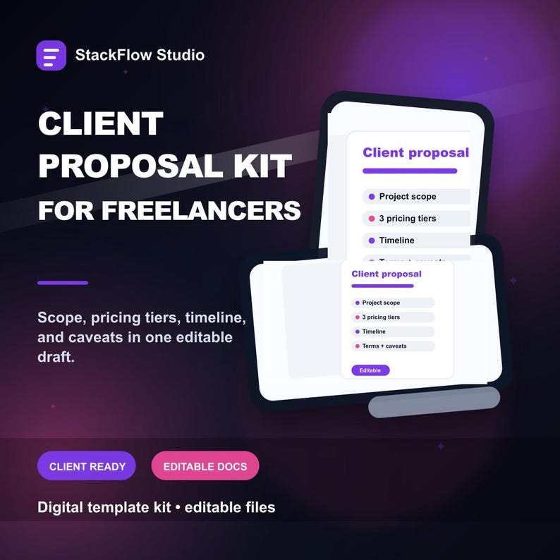 May include: A digital client proposal kit for freelancers by StackFlow Studio. The graphic features white text on a dark purple gradient background, displaying document templates with sections for project scope, pricing tiers, and timelines.