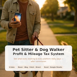 May include: A digital spreadsheet system for pet sitters and dog walkers featuring the text: Pet Sitter & Dog Walker Profit & Mileage Tax System. See what every booking & every platform really pays — after commission. 6 tabs, Rover, Wag, Fetch, Direct, Excel, Google Sheets.