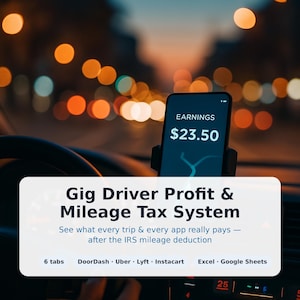 Peut inclure: Un smartphone monté dans une voiture affichant des gains de 23,50 $. Une superposition blanche présente le texte : Gig Driver Profit & Mileage Tax System. See what every trip & every app really pays — after the IRS mileage deduction. 6 onglets, DoorDash, Uber, Lyft, Instacart, Excel, Google Sheets.
