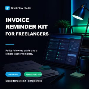 May include: A digital invoice reminder kit for freelancers by StackFlow Studio, featuring a tablet displaying a dark-themed dashboard, printed documents, and sticky notes. The text reads: INVOICE REMINDER KIT FOR FREELANCERS, TONE LEVELS, TRACKER INCLUDED.
