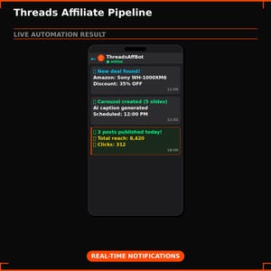 Puede incluir: Una pantalla de tel&eacute;fono inteligente muestra la interfaz de ThreadsAffBot con notificaciones en tiempo real. La pantalla muestra una nueva oferta para auriculares Sony, un carrusel creado y el n&uacute;mero de publicaciones, alcance total y clics.