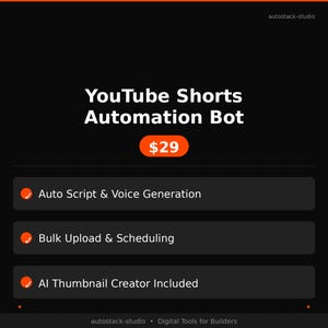 Puede incluir: Gráfico digital con el texto "YouTube Shorts Automation Bot" en blanco sobre fondo negro. El precio se muestra como $29 en un círculo naranja. Incluye generación automática de guiones y voz, carga masiva y programación, y creador de miniaturas de IA.
