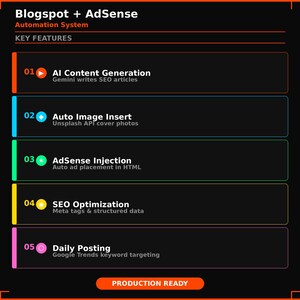 Peut inclure: Infographie sur fond noir avec bordures orange, d&eacute;taillant les principales fonctionnalit&eacute;s d'un syst&egrave;me d'automatisation Blogspot et AdSense. Les fonctionnalit&eacute;s incluent la g&eacute;n&eacute;ration de contenu IA, l'insertion automatique d'images, l'injection AdSense, l'optimisation SEO et la publication quotidienne. Le texte "PRODUCTION READY" est en bas.