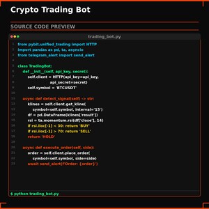 May include: A screenshot of Python code for a crypto trading bot, displayed on a black background. The code includes functions for detecting signals and executing orders, with comments and variable names. The text "Crypto Trading Bot" is at the top.