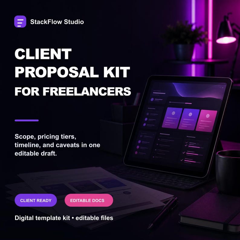 May include: A digital template kit titled StackFlow Studio Client Proposal Kit for Freelancers. The text includes Scope, pricing tiers, timeline, and caveats in one editable draft, Client Ready, Editable Docs, and Digital template kit editable files.