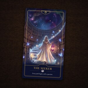 Pu&ograve; includere: Una carta dei tarocchi rettangolare intitolata The Seeker con il numero 0 in alto. L'illustrazione raffigura una figura incappucciata con un mantello chiaro che tiene una lanterna luminosa, salendo una scala a chiocciola in una biblioteca.