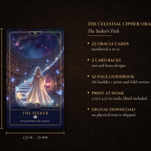 Pu&ograve; includere: Il mazzo The Celestial Cipher Oracle contiene 22 carte, inclusa la carta 0 The Seeker che raffigura una figura incappucciata con una lanterna in una biblioteca. Le carte misurano 70 mm per 121 mm. Include una guida di 52 pagine e file digitali.