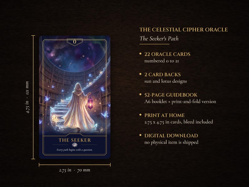 Pu&ograve; includere: Il mazzo The Celestial Cipher Oracle contiene 22 carte, inclusa la carta 0 The Seeker che raffigura una figura incappucciata con una lanterna in una biblioteca. Le carte misurano 70 mm per 121 mm. Include una guida di 52 pagine e file digitali.