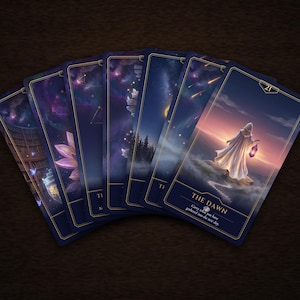 Pu&ograve; includere: Un ventaglio di sette carte dei tarocchi con bordi blu scuro e finiture dorate. Le carte presentano illustrazioni celesti, naturali e fantasy. La carta pi&ugrave; a destra &egrave; numerata 21, THE DAWN, e raffigura una figura con un mantello bianco.