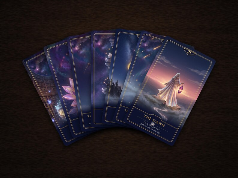 Pu&ograve; includere: Un ventaglio di sette carte dei tarocchi con bordi blu scuro e finiture dorate. Le carte presentano illustrazioni celesti, naturali e fantasy. La carta pi&ugrave; a destra &egrave; numerata 21, THE DAWN, e raffigura una figura con un mantello bianco.