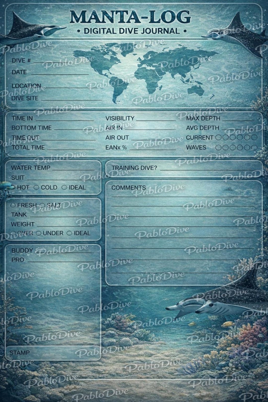 Scuba Dive Log Printable Blanket | Digital Dive Log Book | Diving ...