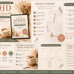 Op de afbeelding: Digitale ADHD Reset Guide voor vrouwen, met een tablet met de cover van de gids, koffie en bloemstukken. De gids bevat werkbladen, een 30-dagen challenge en richt zich op productiviteit en emotionele regulatie. De tekst luidt "ADHD Reset Guide".